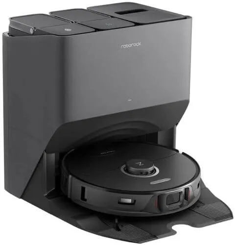 Roborock robot vacuum cleaner with charging station on a white background