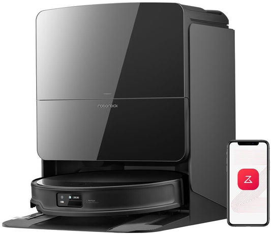 Robotic vacuum cleaner with smartphone displaying app interface on a white background