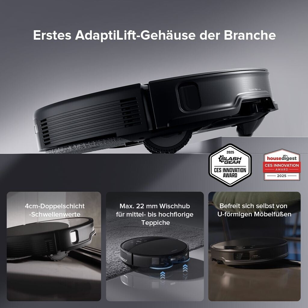 Robotic vacuum cleaner with features and awards displayed on a gray background