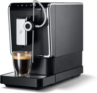 Black coffee machine with a glass of coffee on a white background